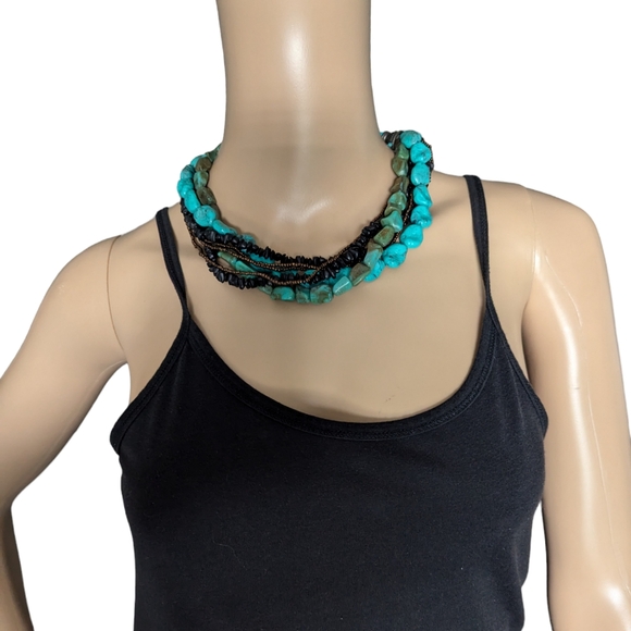 Turquoise Necklace Choker Multi Strand Boho Beaded Tribal Collar - Picture 4 of 8